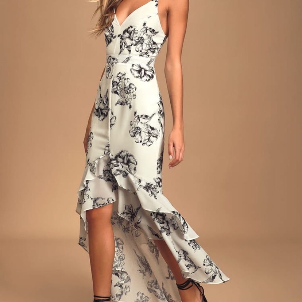Lulus Darling Daylily Black and White Floral Print High-Low Maxi Dress